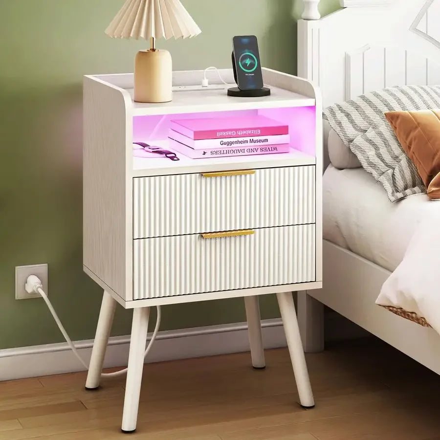 XMSJ Fluted Nightstand With LED Charging Station Two Drawers