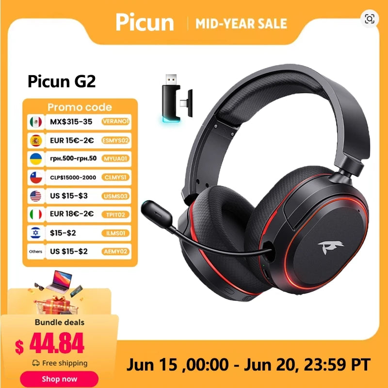 Picun G2 Wireless Gaming Headset 2.4G Low Latency 7.1 Surround