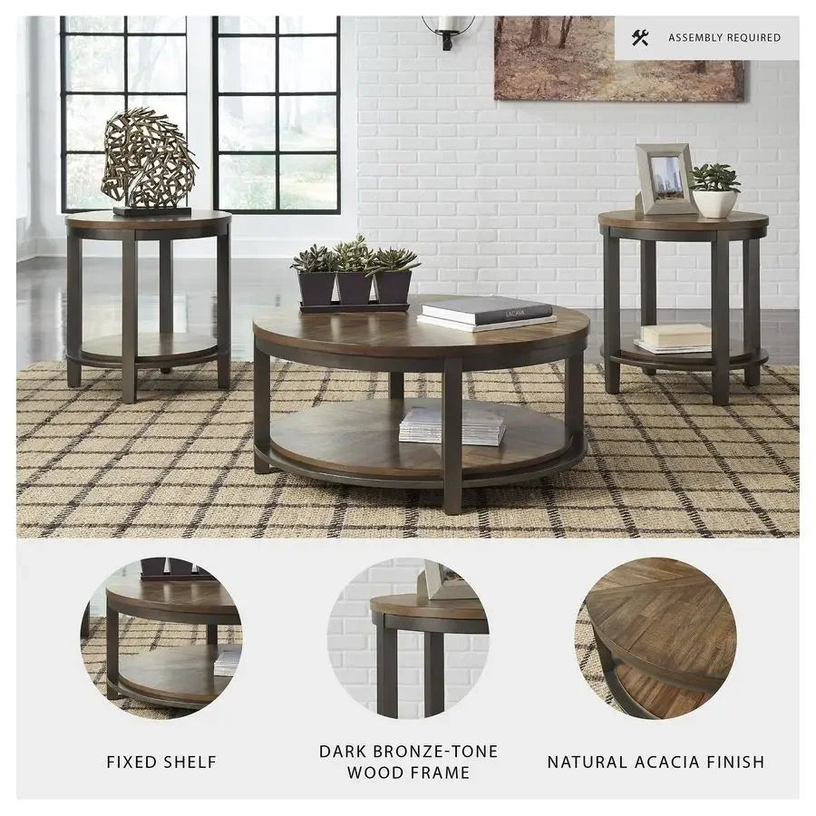 XMSJ Rustic Round 3-Piece Table Set With Coffee End Tables
