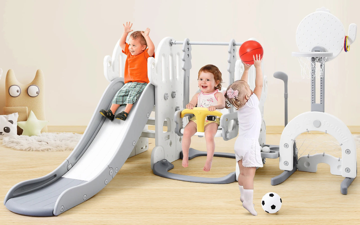 Seven In One Toddler Slide Swing Set With Basketball Hoop