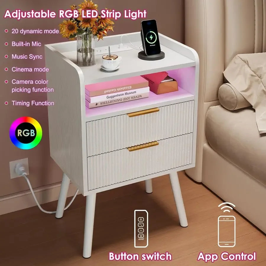XMSJ Fluted Nightstand With LED Charging Station Two Drawers