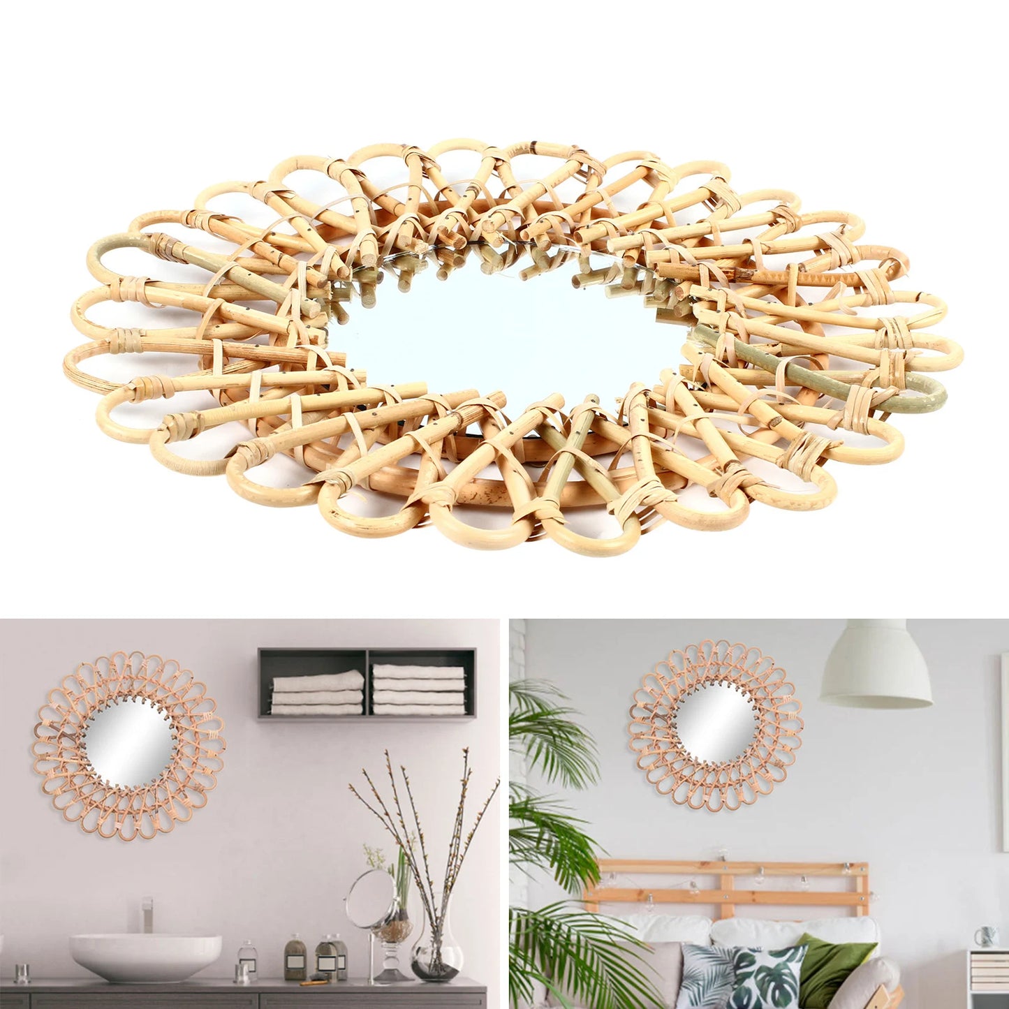Round Rattan Hanging Wall Mirror Nordic Wicker Home Decor