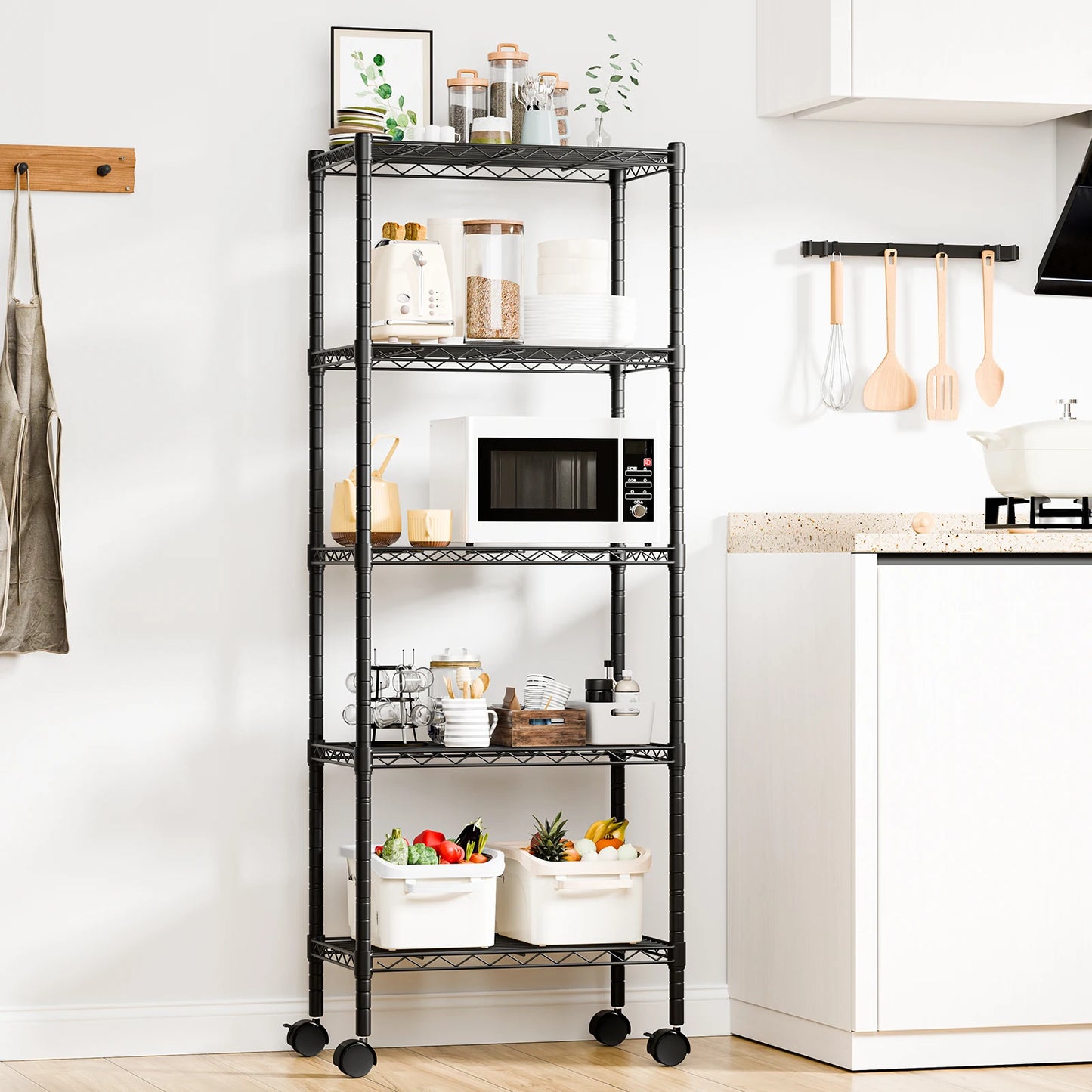JHK Three to Five Tier Grid Storage Bookshelf With Wheels