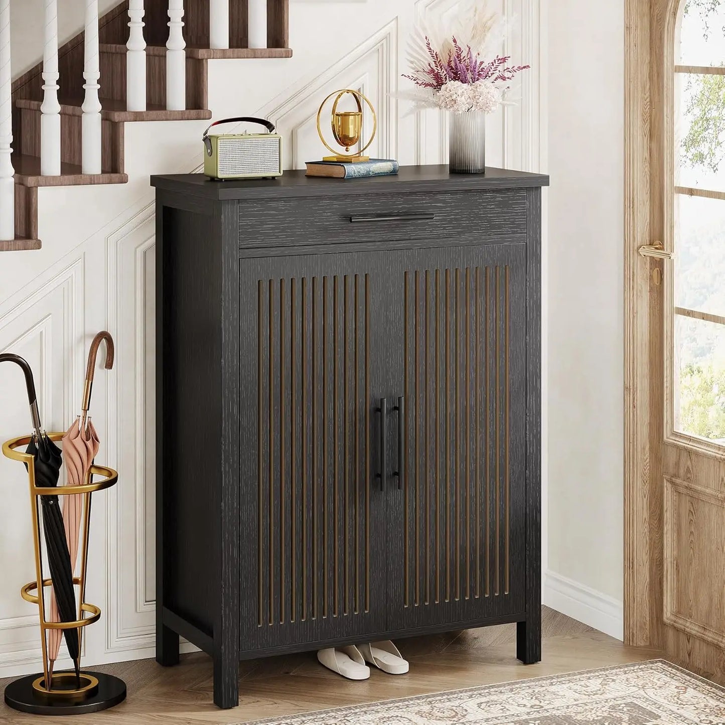 Little Tree 5-Tier Wooden Shoe Cabinet With Louvered Doors For Entryway
