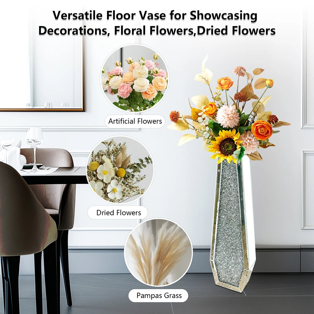 Crushed Diamond Mirrored Floor Vase Crystal Glass Modern Design