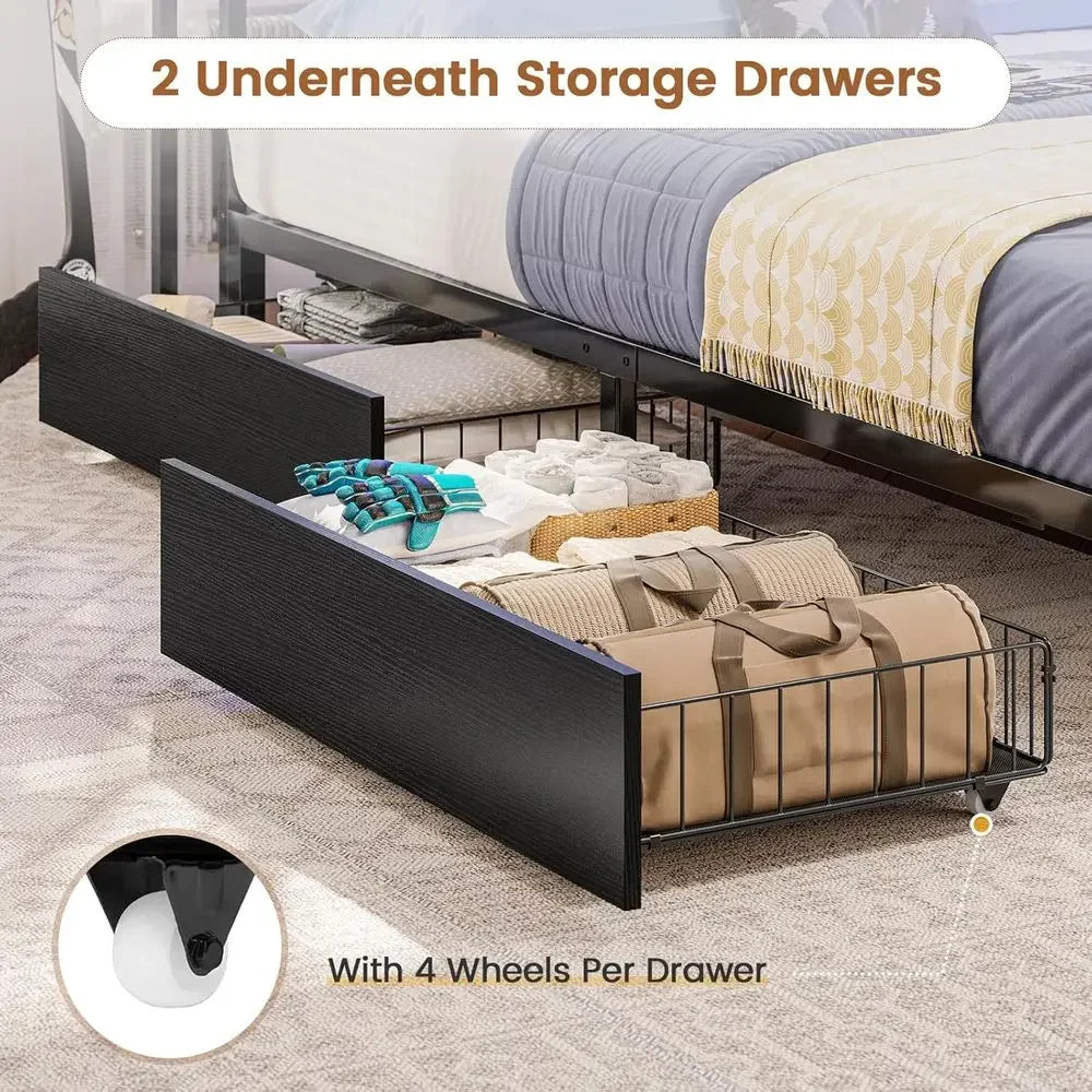 Twin Daybed With Two Drawers Bookcase Charging Station LED Lights