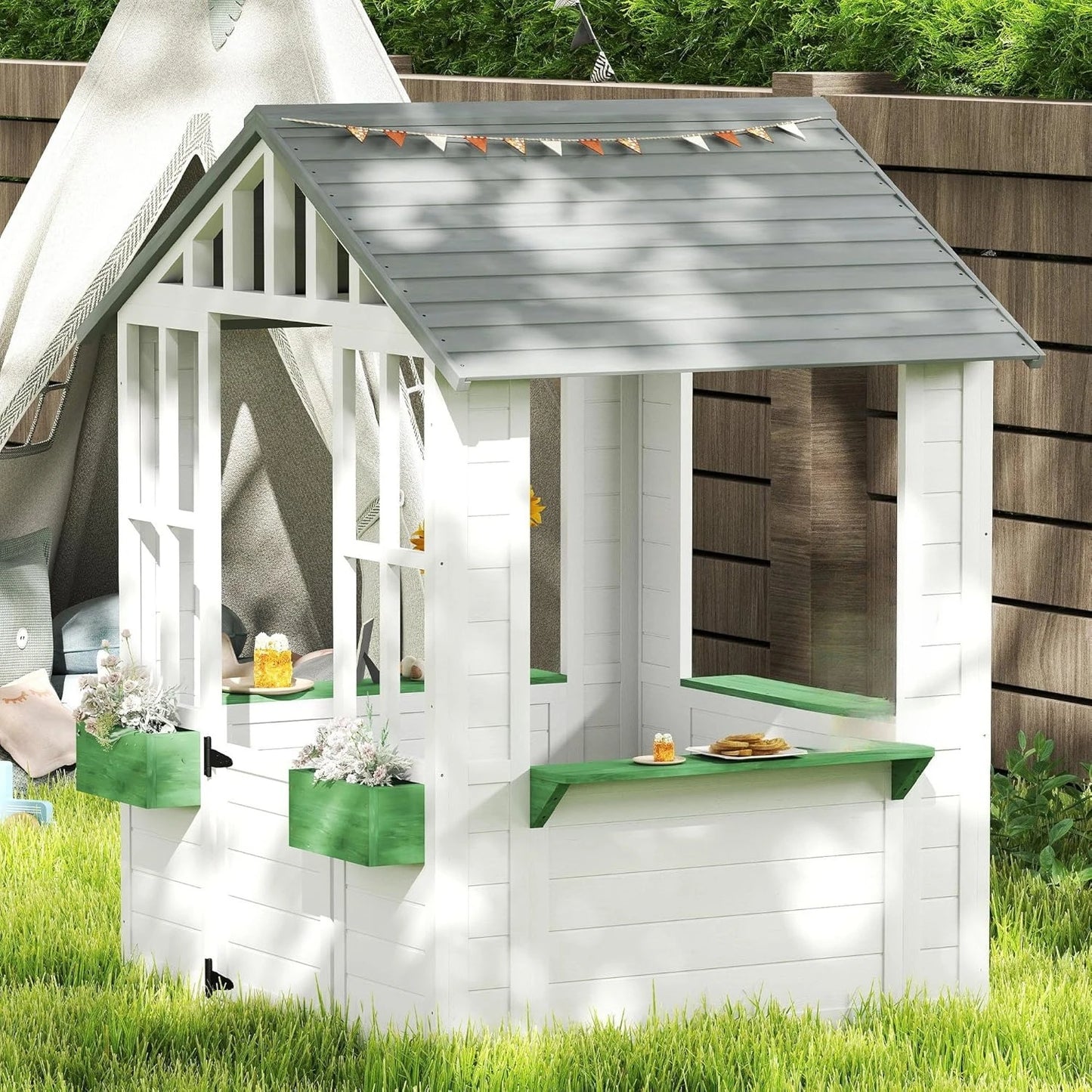 Wooden Outdoor Kids Playhouse With Working Door Windows Flower Pot