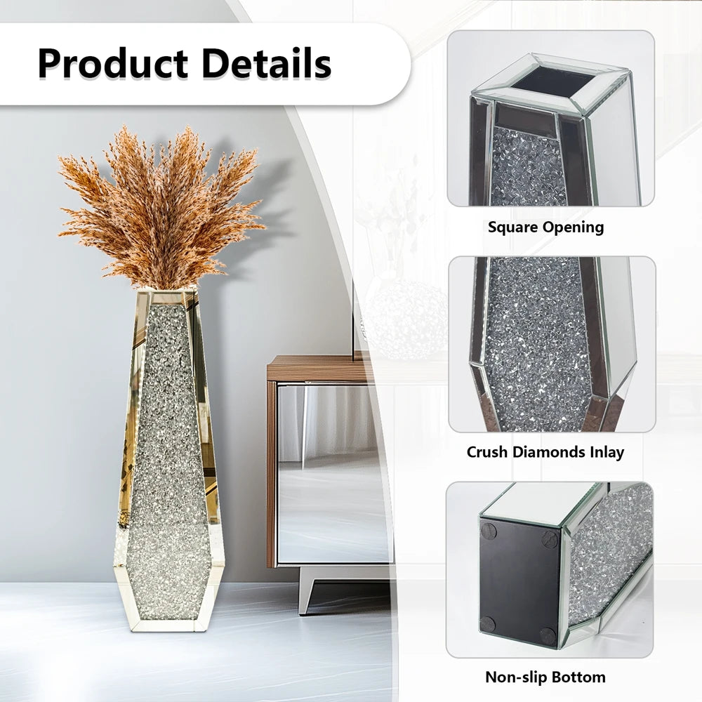 Crushed Diamond Mirrored Floor Vase Crystal Glass Modern Design