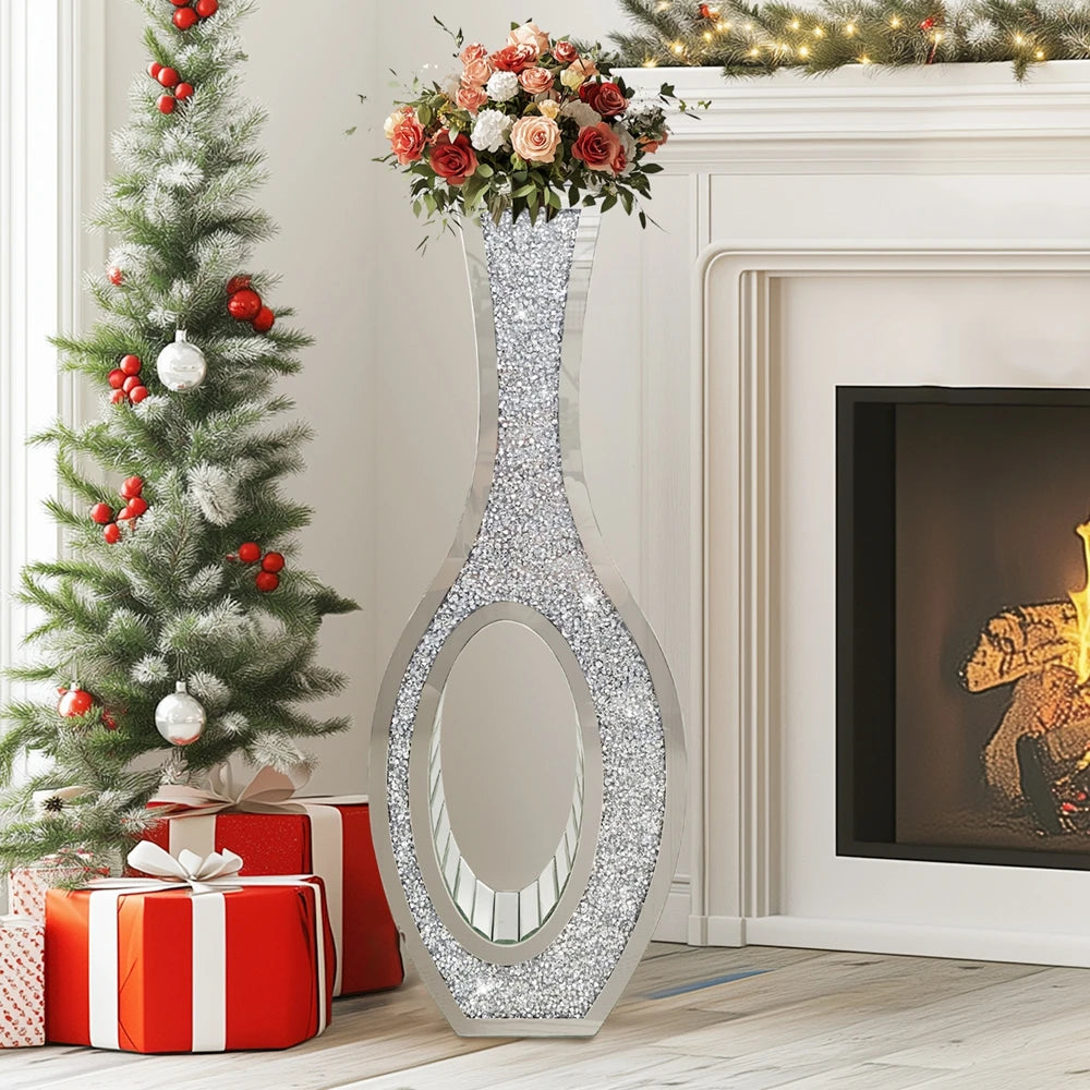 Mirrored Floor Vase With Diamond Crush Decorative Glass and MDF