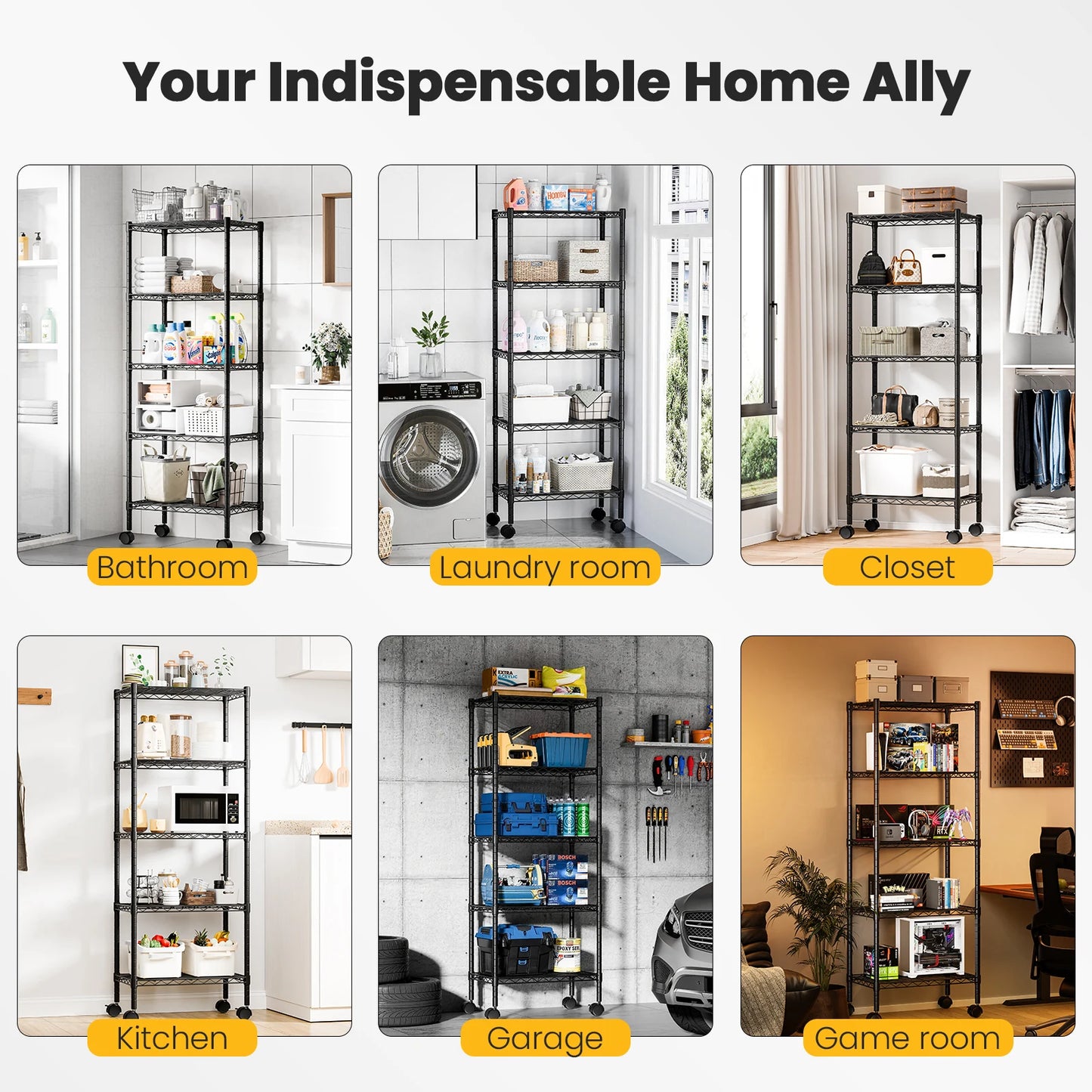 JHK Three to Five Tier Grid Storage Bookshelf With Wheels
