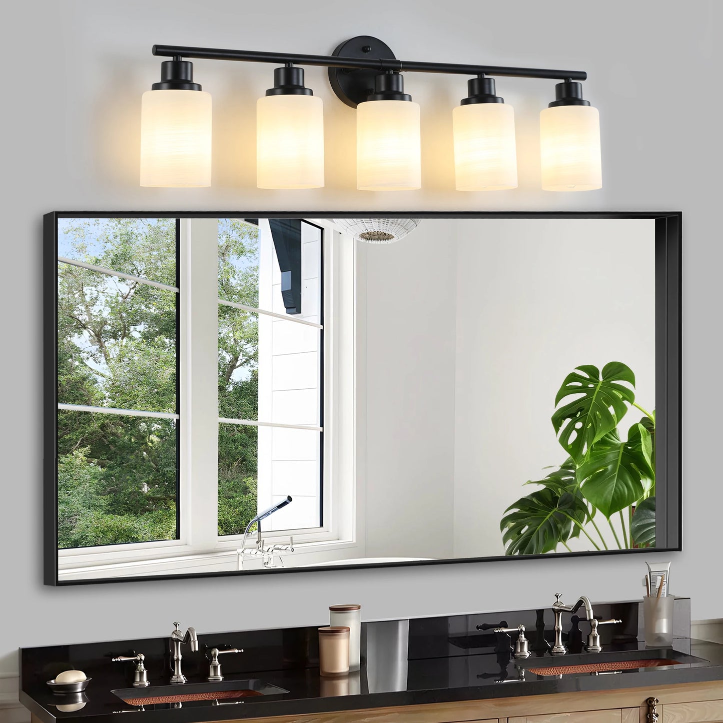 Contemporary Vanity Wall Light With Frosted Glass Lampshades Black Frame