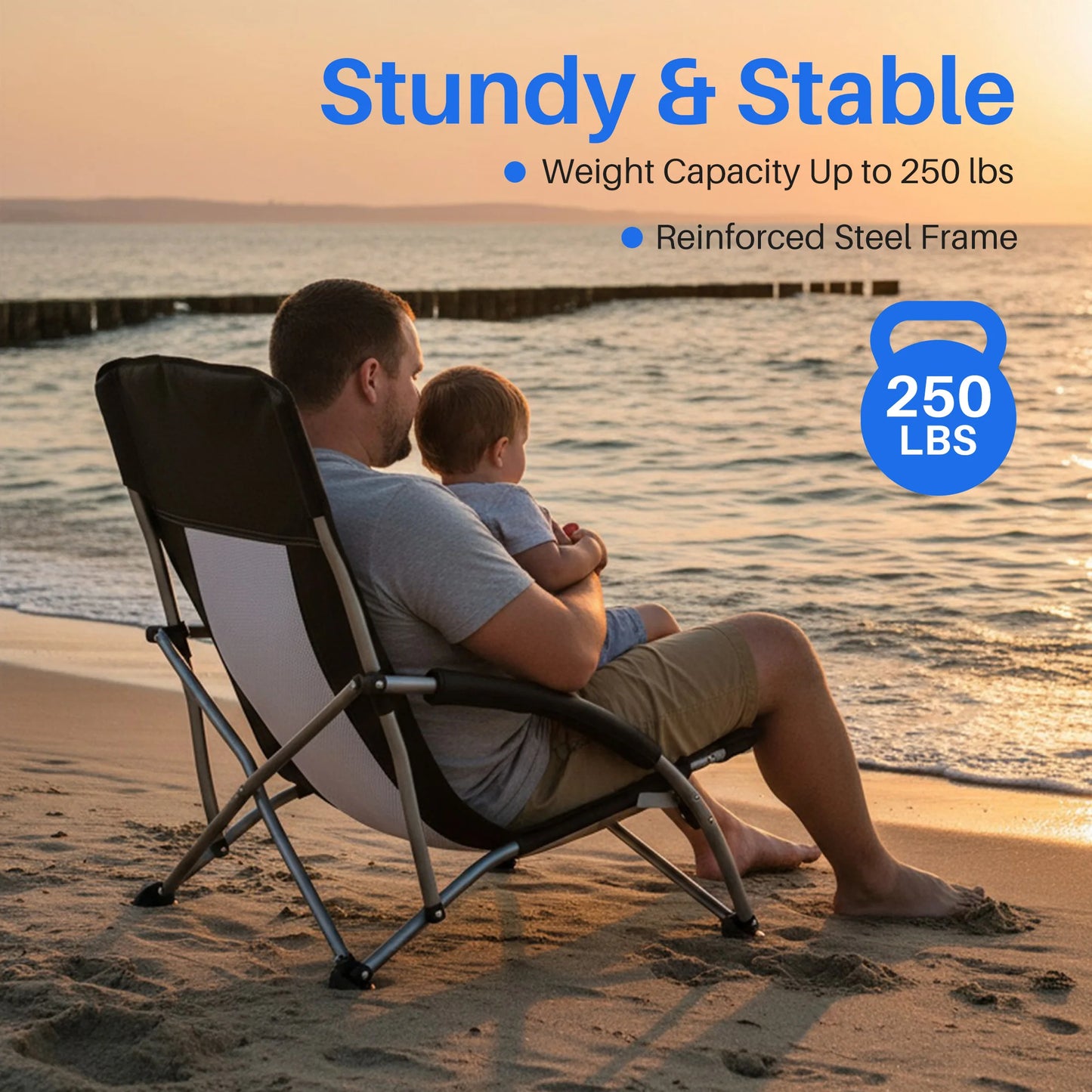 JHK Portable Lightweight Low Beach Chair With Cup Holder Storage Mesh Back