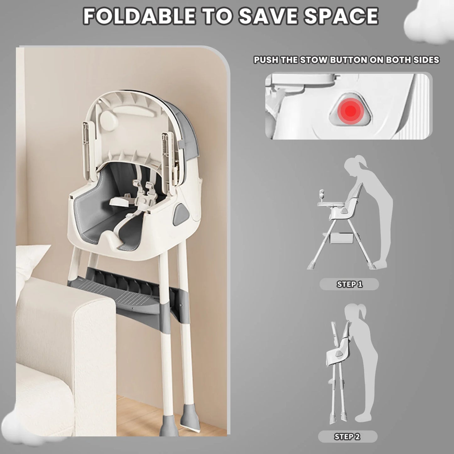 PIORLADO Foldable Baby High Chair Antislip Pad And Toy Rack