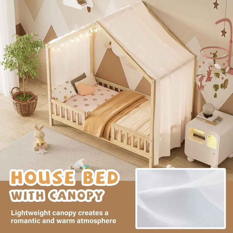 Montessori Floor Bed With Canopy For Kids Bamboo Wood Safety Rails