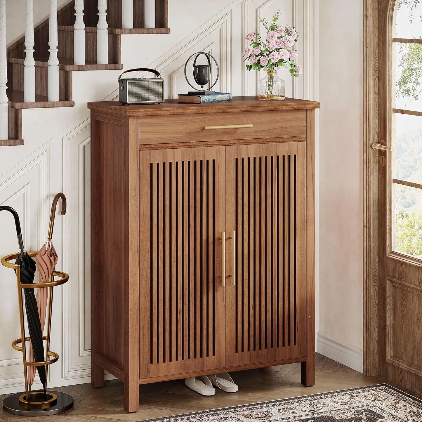 Little Tree 5-Tier Wooden Shoe Cabinet With Louvered Doors For Entryway