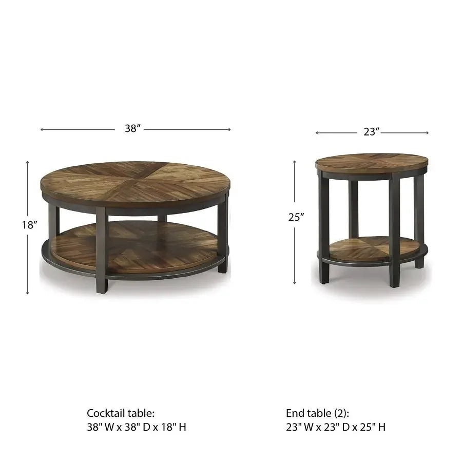 XMSJ Rustic Round 3-Piece Table Set With Coffee End Tables