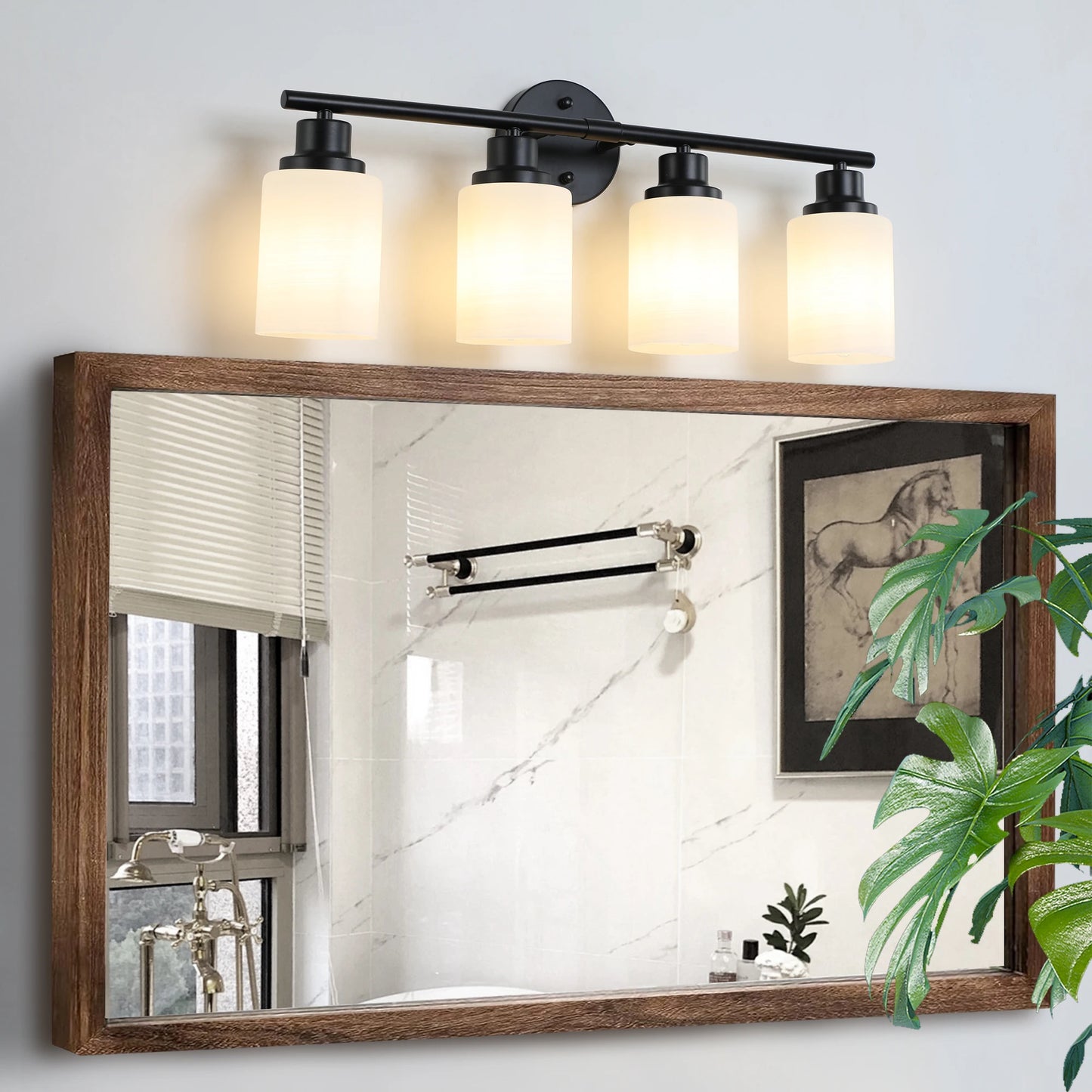 Contemporary Vanity Wall Light With Frosted Glass Lampshades Black Frame