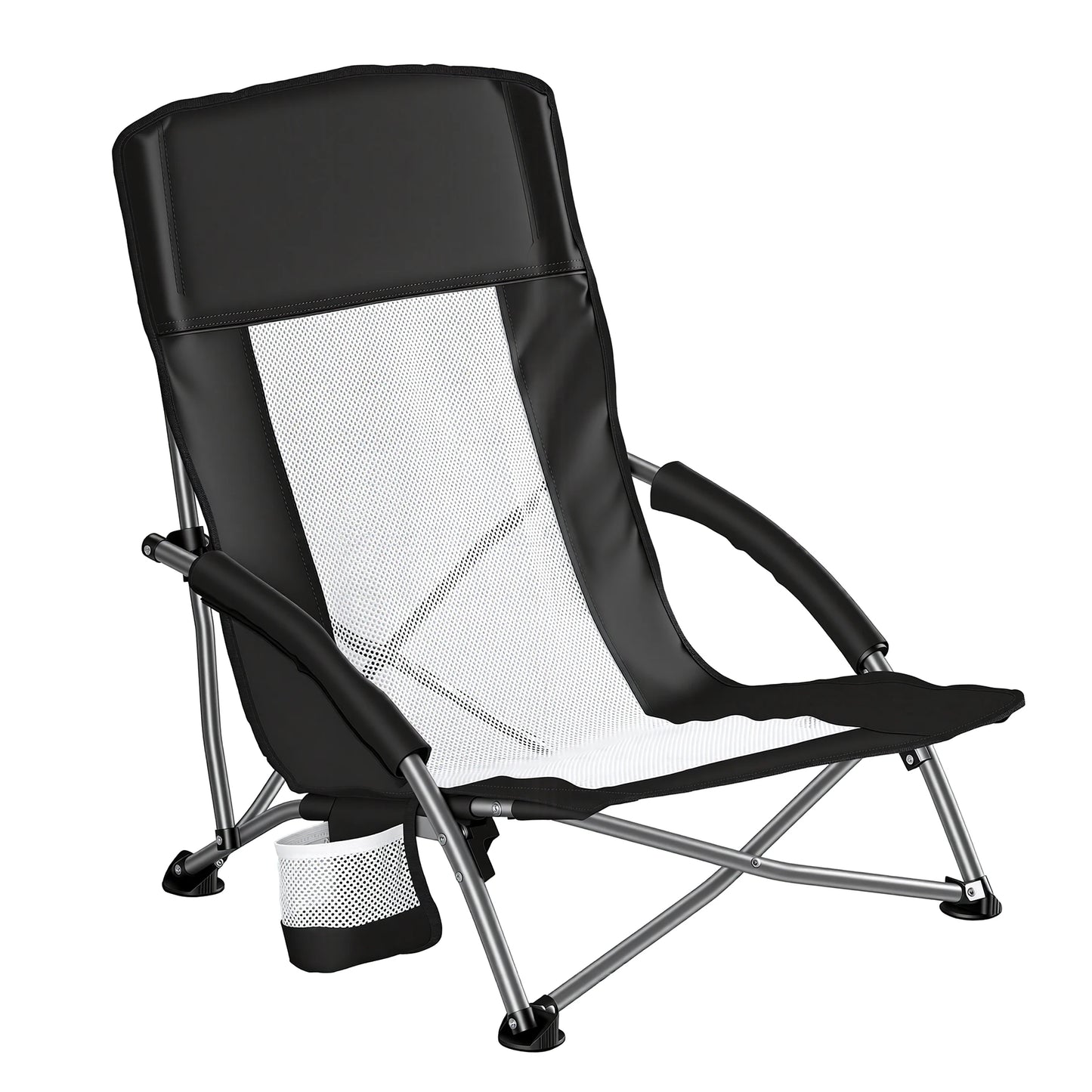 JHK Portable Lightweight Low Beach Chair With Cup Holder Storage Mesh Back