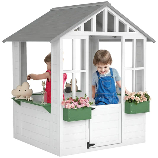 Wooden Outdoor Kids Playhouse With Working Door Windows Flower Pot