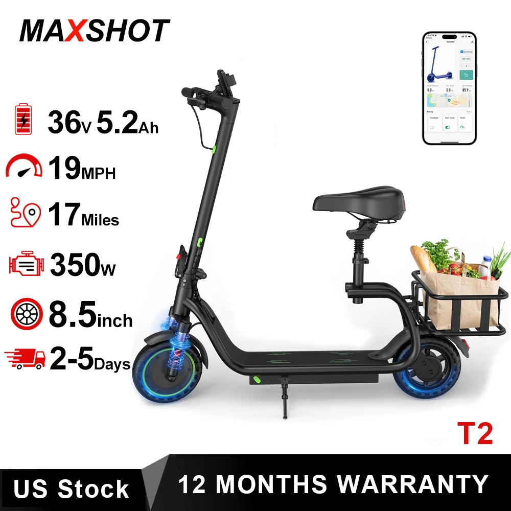Maxshot Electric Scooter With Seat And Basket 15 Mile Range