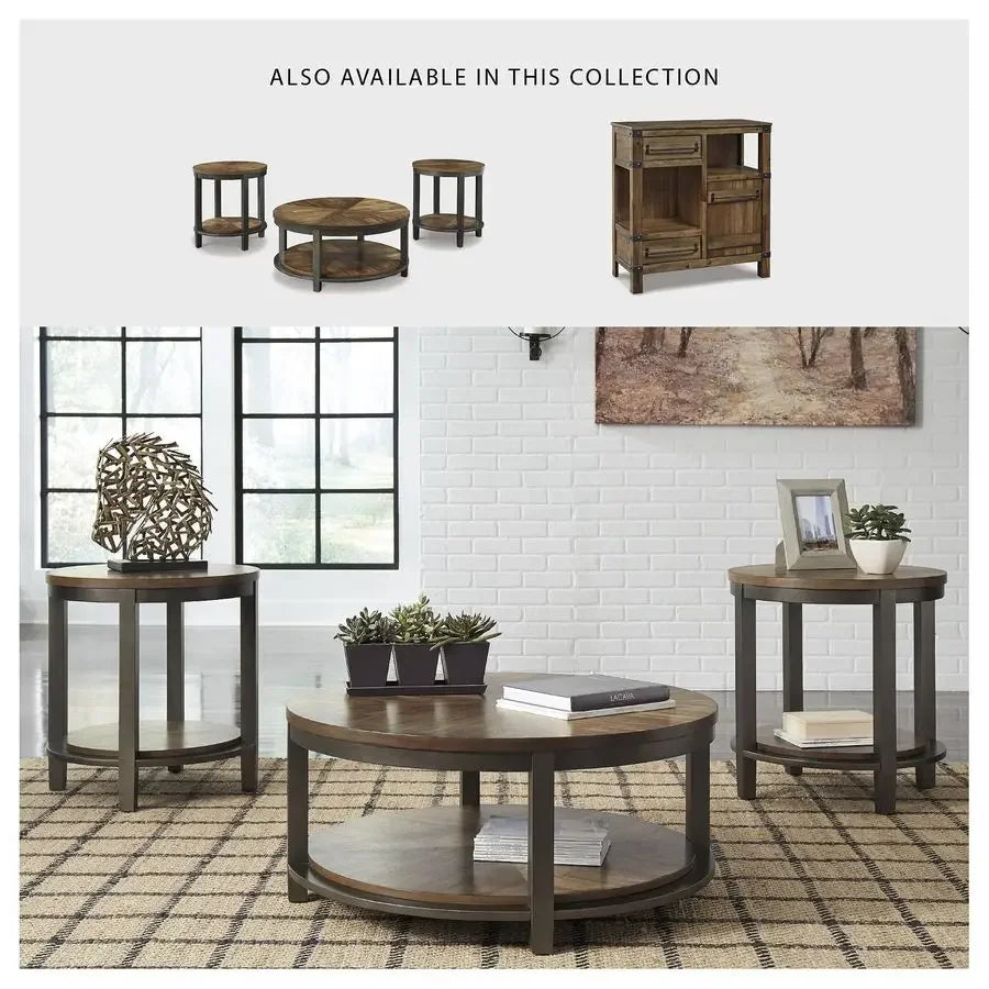 XMSJ Rustic Round 3-Piece Table Set With Coffee End Tables