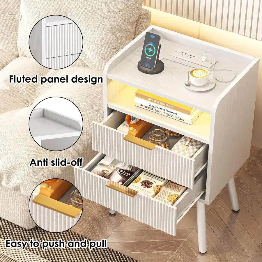 XMSJ Fluted Nightstand With LED Charging Station Two Drawers