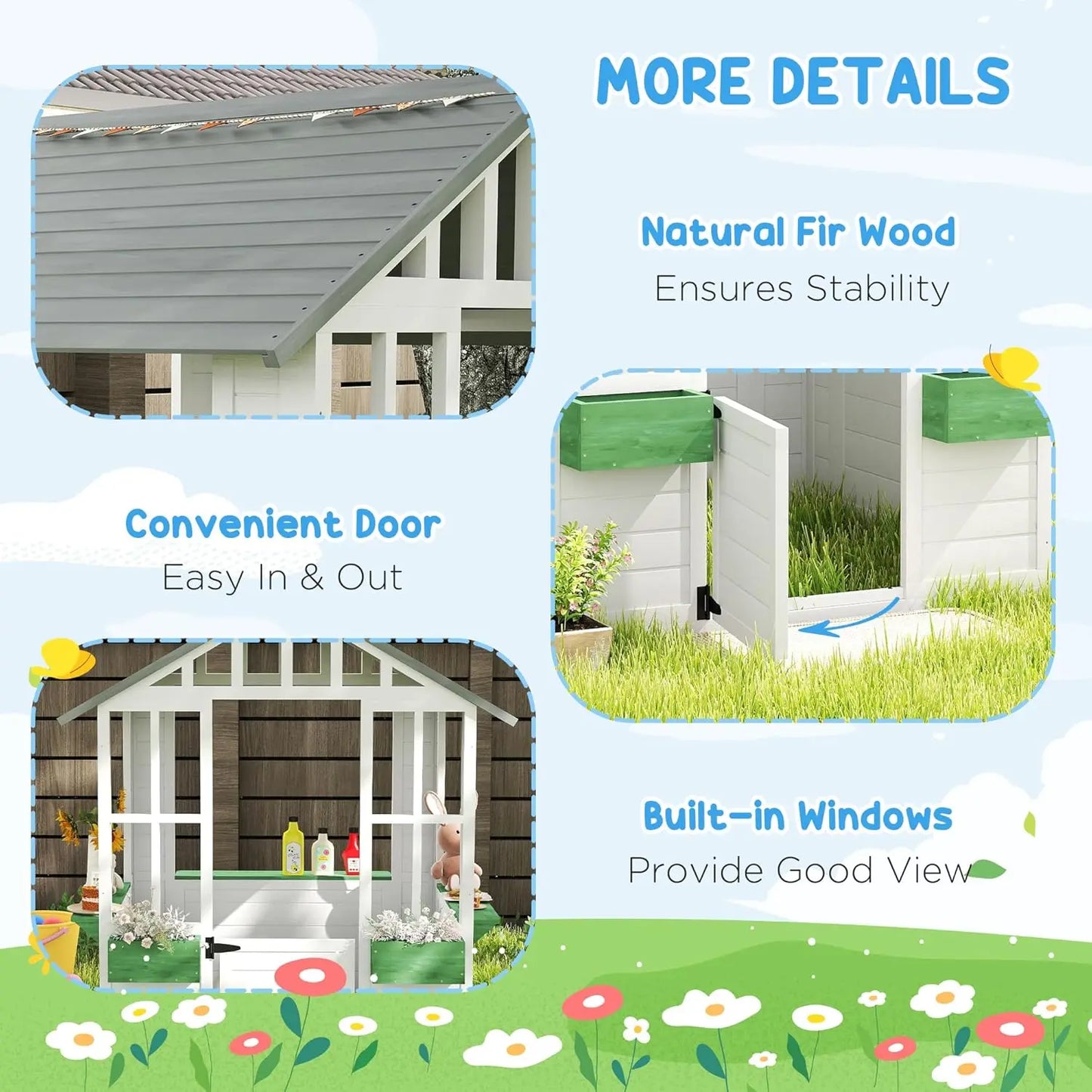 Wooden Outdoor Kids Playhouse With Working Door Windows Flower Pot