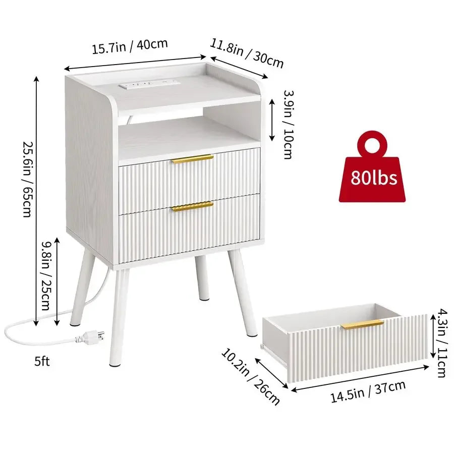 XMSJ Fluted Nightstand With LED Charging Station Two Drawers